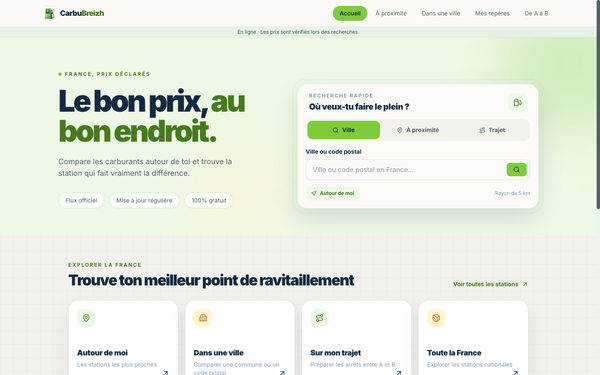 Accueil de CarbuBreizh, avec la recherche de carburants par ville, à proximité ou sur un trajet.