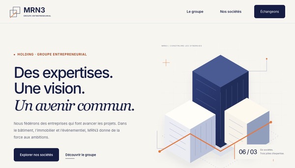 Nouvel accueil du groupe MRN3, avec une illustration architecturale et le titre « Des expertises. Une vision. Un avenir commun. ».